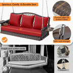 Upgraded Wicker Hanging Porch Swing Heavy Duty 900 LBS 3-Seat Outdoor Patio Swing Chair Bench for Adult w/ 8.9ft Hanging Chains Cushions and Cup Holder