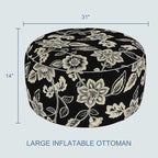 LVTXIII Indoor/Outdoor Extra Large Inflatable Ottoman Pouf D31 x H14 Inch, Round Footstool with Handle, Weather-Resistant Portable Furniture for Patio, Camping, Beach, Elegant Vines Black