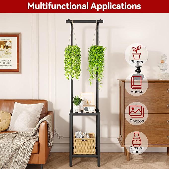 IBUYKE 67 Inch Tall Plant Stand Indoor Outdoor, 3 Tier Metal Hanging Plant Shelf for Multiple Plant, Heavy Duty Plant Holder Flower Stand for Living Room Patio Balcony Garden, Black TMJ076B