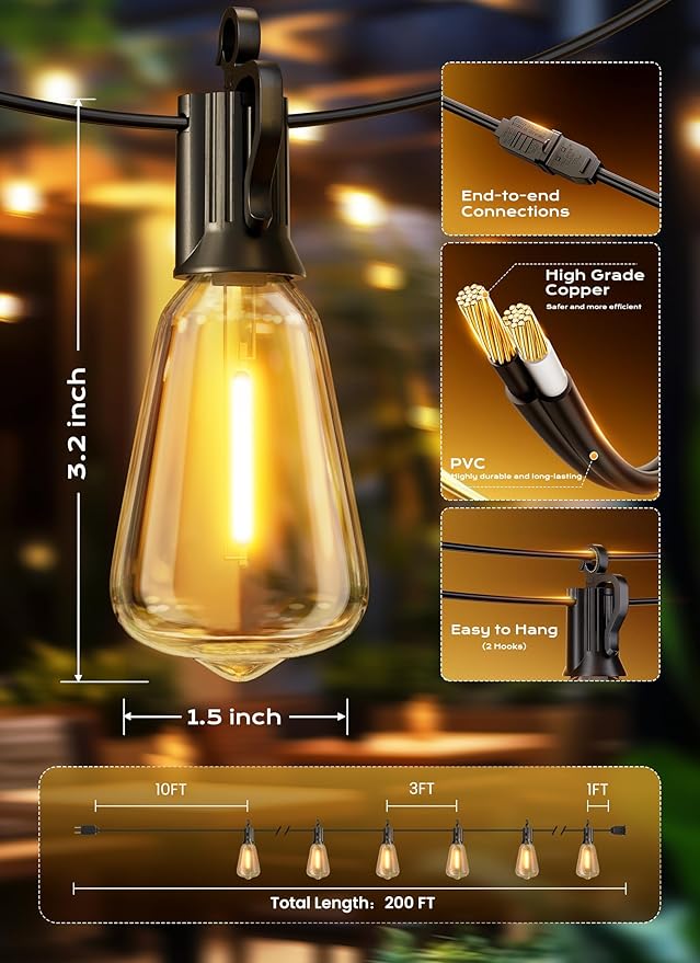 String Lights 200 FT Warm White Shatterproof LED Outdoor Patio Lights