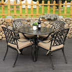 5-Piece Cast Aluminum Outdoor Patio Dining Set, All Weather Cast Aluminum Outdoor Furniture Dining Set for Patio, Balcony, Lawn, Garden, Backyard w/4 Chairs and Cushions, 2.0" Umbrella Hole