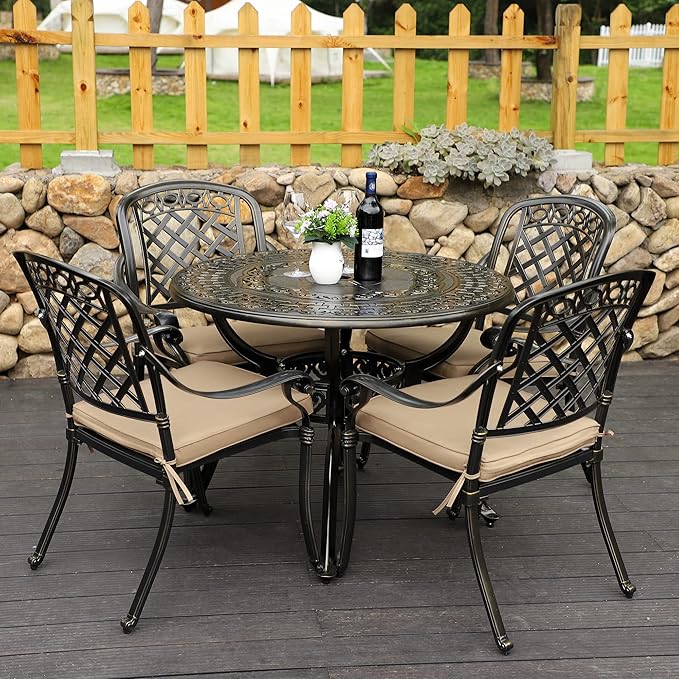 5-Piece Cast Aluminum Outdoor Patio Dining Set, All Weather Cast Aluminum Outdoor Furniture Dining Set for Patio, Balcony, Lawn, Garden, Backyard w/4 Chairs and Cushions, 2.0" Umbrella Hole
