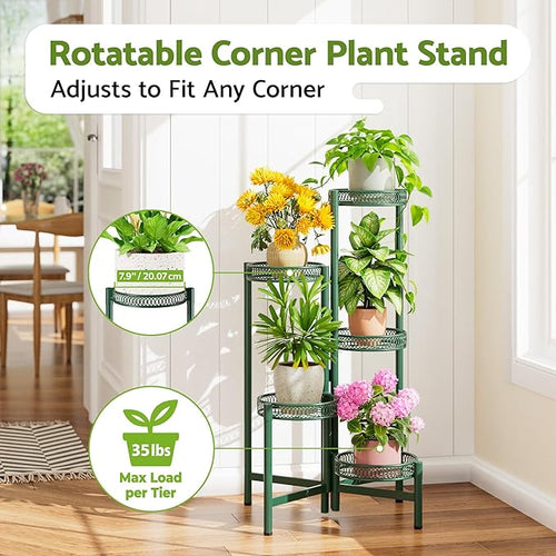 5-Tier Metal Plant Stand Indoor Outdoor, Corner Tall Plant Shelf for Multiple Plants, Foldable Plant Stand, Heavy Duty Flower Stand Holder for House Living Room Balcony Garden Patio -GreenFlower