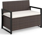 RELAX4LIFE Wicker Outdoor Bench with Storage - Rattan Deck Box w/Protective Liner for Pillows, Pool Supplies, Garden Tools, Patio Loveseat with Seat Cushion & Metal Armrests for Backyard Porch Balcony