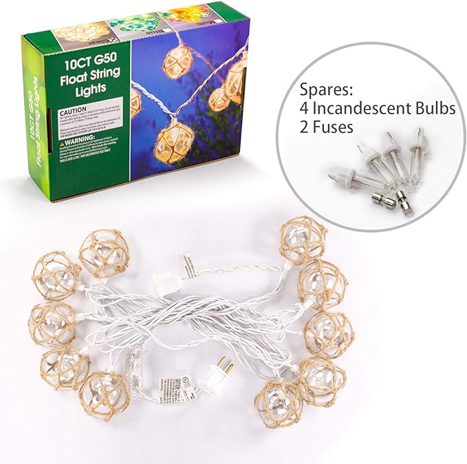 Indoor String Lights with 10 Clear Nautical Fish Float Balls, 9.83 ft