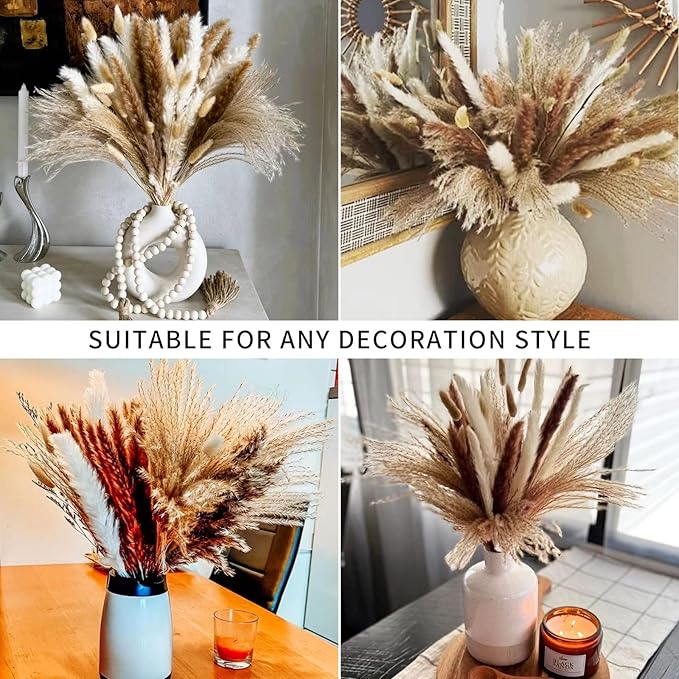 Dried Pampas Grass Bundle, 135 Pieces, Neutral Tones for Home Decor