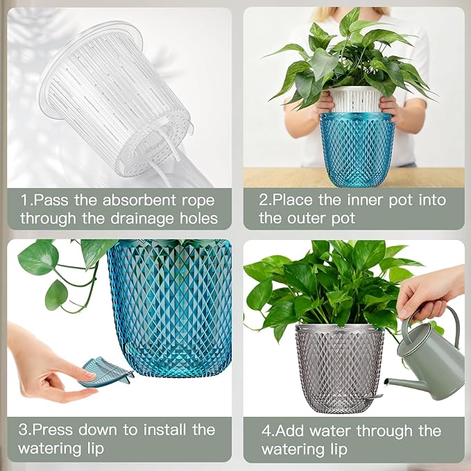 QCQHDU 2 Pack Self Watering Pots, 7.2 Inch Flower Pots with Drainage Holes and Water Filling Port, Garden Planter for Indoor Outdoor Plants (Clear)