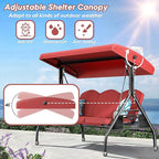 3 Seat Outdoor Porch Patio Swing with Stand 800lbs 2-in-1 Convertible Swing Bed with Adjustable Canopy & Removable Cushion for Yard Garden Deck (Wine Red, Round Tube)