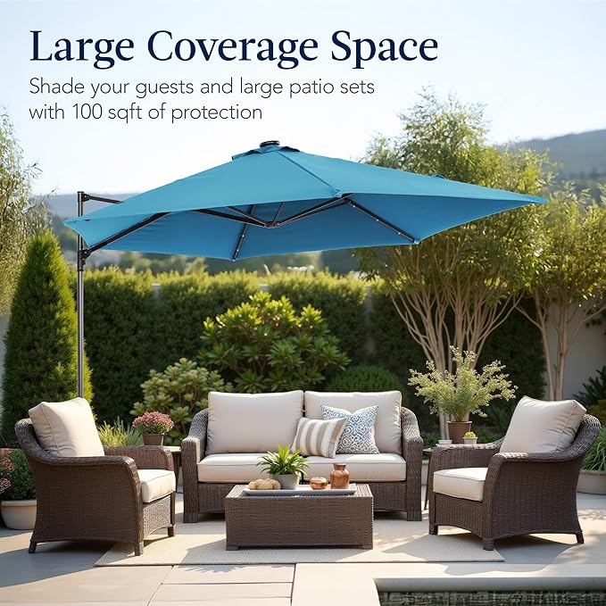 Best Choice Products 10ft Solar LED Offset Cantilever Hanging Market Patio Umbrella, Smooth 360° Rotation, 8 Sturdy Ribs, Easy Adjustment - Sky Blue