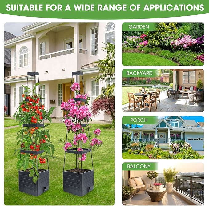 Raised Garden Bed Tomato Planter with Trellis, 58" Tomato Cage for Climbing Vegetables Plant, Self Watering Pots for Indoor Plants Garden Pots Patio Greenhouse Indoor Outdoor