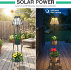 2 Pack 45.5'' Outdoor Floor Lamps with 2 Tier Plant Stand, Solar Powered Metal Waterproof Lights for Patio Deck Yard Garden Porch Decor