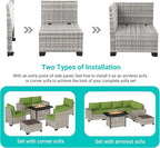 7-Piece Outdoor Patio Furniture Set with 55,000 BTU Fire Pit Table, PE Wicker Rattan Sectional Sofa Patio Conversation Set with Thickened Cushions & Coffee Table, Avocado Green