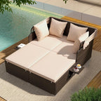 ORALNER Outdoor Daybed, 2-Person Wicker Patio Sofa with Retractable Canopy, Cushions & Pillows, 2 Side Trays, PE Rattan Double Sunbed for Deck Poolside Garden Balcony Backyard (Beige, Mix Brown)