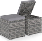 Tangkula 2 Pieces Patio Ottomans, Patiojoy Hand-Woven PE Rattan Side Table with Removable Cushion & Hidden Storage Space, Multifunctional Storage Box, Seat for Patio, Backyard, Poolside (Light Grey)