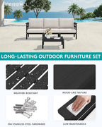 SERWALL HDPE Outdoor Furniture Set, 4 Pieces Patio Sectional Sofa Set, All-Weather Wood-Like Outdoor Sofa with Coffee Table for Deck, Garden, Black Frame with Khaki Cushion