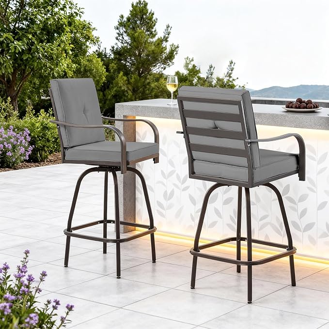 Bar Stools Set of 2, 360 Swivel Metal Frame with Padded Cushions, Dark Grey