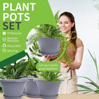 Quarut 12 Inch Large Planter Pot for Plants Indoor Outdoor, 4 Pack Plastic Flower Pots with Drainage Hole & Tray, Modern Decorative Garden Pot with Saucer, Plant Container for House Grey