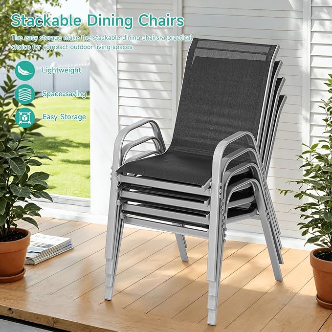 Patio Chairs Set of 6, Easily Set Up Stackable Outdoor Dining Chairs with High Back and Wide Seat, All Weather Breathable Outdoor Chairs Set of 6 with Metal Frame for Backyard Deck Pool, Black