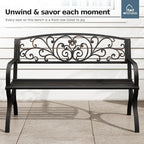 MFSTUDIO 50 Inches Outdoor Garden Bench, Cast Iron Metal Frame Patio Park Bench with Floral Pattern Backrest, Arch Legs for Porch, Lawn, Yard-Bronze