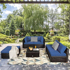 Tangkula 6 Piece Patio Furniture Set, Outdoor Deck Lawn Backyard Durable Steel Frame PE Rattan Wicker Sectional Sofa Set, Conversation Set with Coffee Table (Navy)