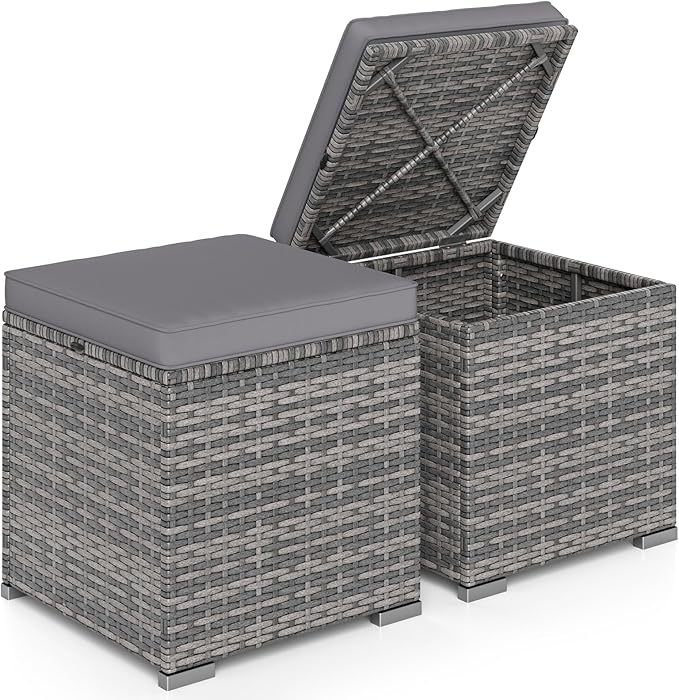 RELAX4LIFE Wicker Outdoor Storage Ottoman - 2-Piece Rattan Footstool w/Removable Cushion, Multipurpose Footrest Foot Stool Seating, Set of 2 Outdoor Ottomans for Patio Deck (Mix Grey-Grey)