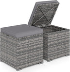 RELAX4LIFE Wicker Outdoor Storage Ottoman - 2-Piece Rattan Footstool w/Removable Cushion, Multipurpose Footrest Foot Stool Seating, Set of 2 Outdoor Ottomans for Patio Deck (Mix Grey-Grey)