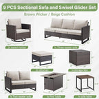 Belord Outdoor Sectional Sofa with 41" Propane Fire Pit Table - 9 Piece Patio Conversation Set with Storage Box and Swivel Rocker Chairs All-Weather PE Wicker Furniture Set Brown