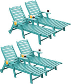 Carauci Lounge Chair Outdoor Set of 4, HDPE Chaise Lounge with Wheels, 5-Position Adjustable Backrest & 2 Cup Holders Patio Lounge Chair, All-Weather Pool Sun Lounger for Poolside, Backyard, Lake Blue