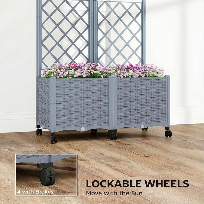 Outsunny Planter Box with Trellis, Self Watering Raised Garden Bed with Lockable Wheels, 56.3" Trellis Privacy Planter with Drainage Holes for Climbing Plants, Vines, Vegetables, Flowers, Gray