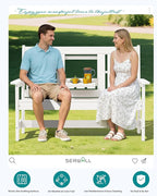 SERWALL Outdoor Bench with Cup Holder, 58" HDPE Garden Park Bench Suitable for 3 Person, All Weather Patio Benches with High Backrest and Wide Armrests for Garden, Park, Yard, Front Porch, White