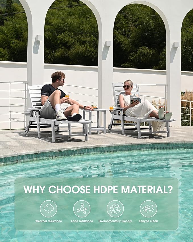 Lounge Chair Outdoor Set of 2, HDPE Chaise Lounge Outdoor, Pool Lounge Chair for Pool Poolside Deck Backyard Patio, White