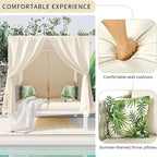 Merax Outdoor Patio Daybed with Soft Thick Cushions, Two Pillows and Curtains, Double Chaise Lounge Sunbed with Rubber Core Rope Backrest for Outside Pool,Garden,Backyard,Lawn, Beige