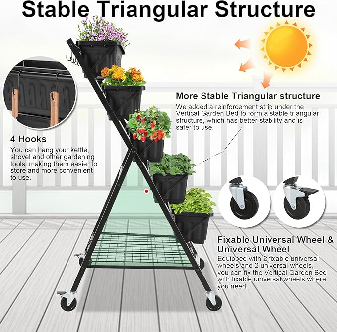 Homdox 5-Tier Vertical Garden Bed with Lockable Caster Wheels and Storage Rack - 4FT Vertical Raised Bed with 5 Garden Planter Boxes- Perfect to Grow Vegetables Herbs Flowers Indoor(Black)