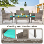 FDW | 4-Piece Patio Furniture Set | Gray & Blue | Outdoor Wicker Furniture with Coffee Table | Modern Rattan Chairs Conversation Set | Outdoor Seating | Weather-Resistant | for Porch, Garden, Lawn