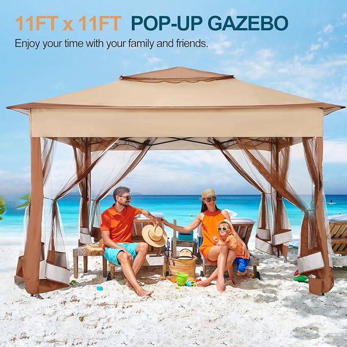 11x11 Pop Up Gazebo Canopy Tent Easy Up Outdoor Gazebo – Khaki