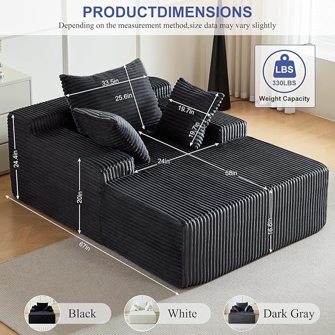 67 Inch Chaise Lounge Chair Indoor, Oversized Upholstered Boneless Sofa Bed, Corduroy Deep Seat Sleeper Couch Reading Chairs, Cloud Sofas Couches for Living Room, No Assembly Required (Dark Gray)