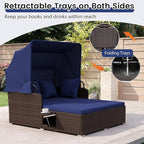 ORALNER Outdoor Daybed, 2-Person Wicker Patio Sofa with Retractable Canopy, Cushions & Pillows, 2 Side Trays, PE Rattan Double Sunbed for Deck Poolside Garden Balcony Backyard (Navy, Mix Brown)