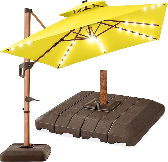 Best Choice Products 10ft Square Cantilever Patio Umbrella w/Base Included, Woodgrain Pattern Pole & Solar LED Lights, 360-Rotation, Offset Hanging Outdoor Shade - Yellow
