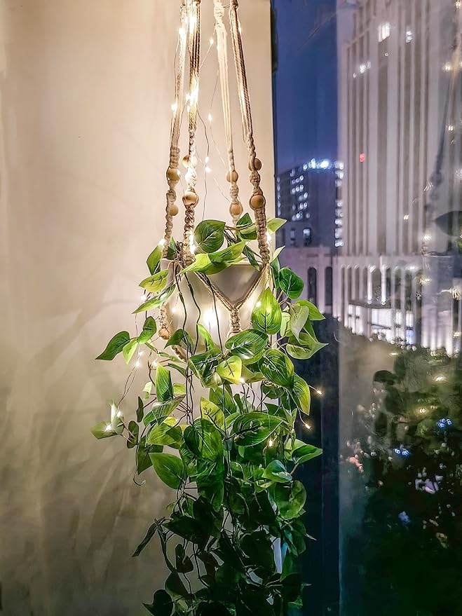Comtelek Fake Hanging Plants with Lights Artificial Plants for Home Decor Macrame Plant Hanger with Fake Vines Faux Hanging Planter for Wall Ceiling Bedroom Bathroom Kitchen Office Boho Decor Indoor
