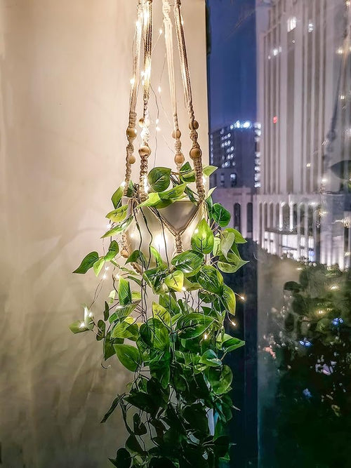 2 Packs Fake Hanging Plant with lights Artificial Plants with Pots for Home Decor Macrame Plant Hanger with Faux Vines Greenery for Bedroom Bathroom Room Ceiling Wall Boho Decor Indoor Outdoor