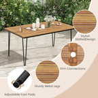 Tangkula 63" Large Patio Dining Table for 6, Acacia Wood 6-Person Dining Table with 2" Umbrella Hole & Metal Legs & Adjustable Foot Pads, Rectangular Outside Table for Garden, Poolside & Backyard
