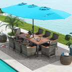 Tangkula 10 Pieces Patio Wicker Dining Set w/Double-Sided Patio Umbrella, Outdoor Acacia Wood Furniture Set w/ 8 Armchairs, 71” Dining Table & 15 ft Umbrella with Weighted Base (Turquoise)