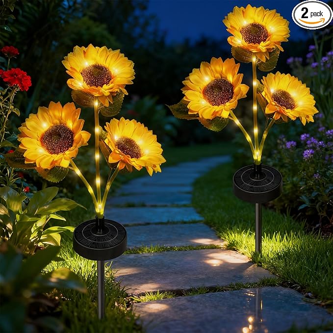 Upgraded Solar Sunflower Lights, 2 Pack Solar Garden Lights with Bigger Round Panel, 40-Hour Runtime for Indoor & Outdoor Decor, Waterproof for Patio Yard Garden