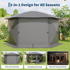 11.5x11.5FT 6-Sided Pop Up Gazebo Tent，One-Push Setup Canopy Tent with Mesh Panels & Removable Wind Cloths, Outdoor shelter for Camping, Backyard Parties, Outdoor Events - Grey