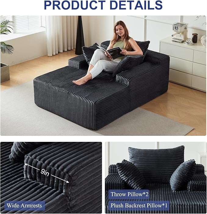 67 Inch Chaise Lounge Chair Indoor, Oversized Upholstered Boneless Sofa Bed, Corduroy Deep Seat Sleeper Couch Reading Chairs, Cloud Sofas Couches for Living Room, No Assembly Required (Dark Gray)