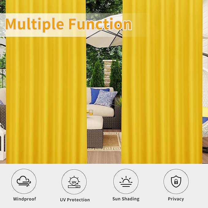 Easy-Going Outdoor Patio Curtains Detachable Tab Top Windproof Weatherproof Curtain for Cabana, Porch, Pergola and Gazebo, Tab Bottom Drape, 2 Panels, 54W x 120L inch, Yellow