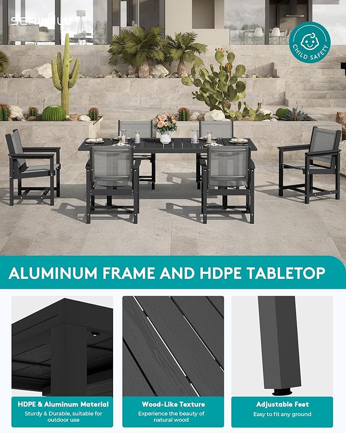 SERWALL 7-Piece Patio Dining Sets, 60" - 83" Expandable Outdoor Dining Table with 6 Breathable Textilene Chairs, All Weather HDPE Patio Furniture Set for Backyard, Garden, Black