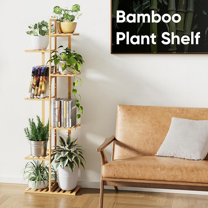 ROSSNY 55 Inch Tall Plant Stand Indoor, 7 Tier 8 Potted Bamboo Plant Stands for Indoor Plants, Corner Plant Stand, Plant Shelf For Indoor, Tiered Plant Stands, Planter Holder for Multiple Plants Indoor, Natural