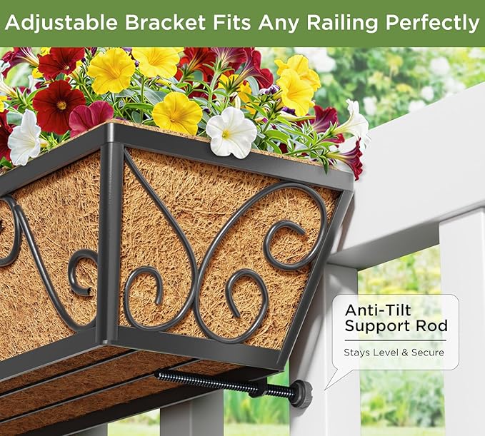 Y&M 30 Inch Butterfly Window Deck with Coco Liner, Fence Metal Hanging Flower Planter Window Basket Deck Railing Planter Boxes for Outdoor Garden Lawn 2pcs