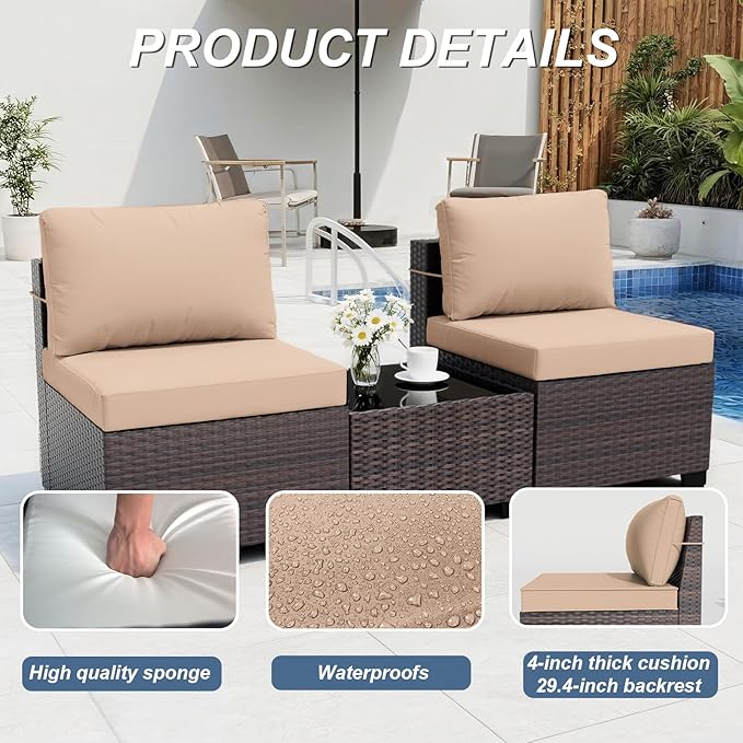 ALAULM Patio Furniture Set with Coffee Table, 7 Pieces Outdoor Sectional with Wide Seat and Thick Cushion, All Weather Wicker Rattan Conversation Set for Backyard, Garden, Deck, Sand